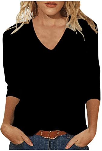 Ausgefallene Tshirts Damen Top Damen Slim Fit Einfarbig Oberteile 3/4 Arm Bluse 2024 Tshirt Sommer Tops Basic Shirt Tunika V-Ausschnitt Pullover Bequeme Longtops T-Shirt Beachwear