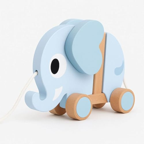 Bambelino Ziehfigur Liam Elefant aus Holz – Nachziehspielzeug ab 12 Monaten, gummierte Räder, Motorik- & Lauflernspielzeug, 16,5 x 12,5 x 7 cm