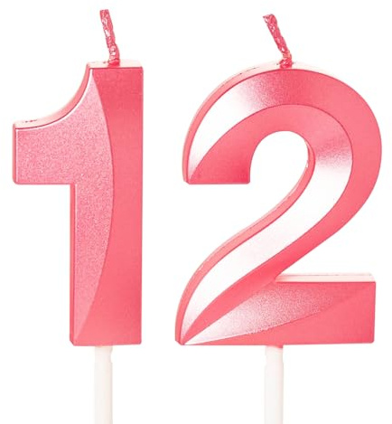 Rosa 12:e födelsedagen ljus nummer 12 ljus för födelsedagstårta, rosa 12 födelsedagsljus 12:e ljus för tårta, 12:e födelsedagen tårta ljus tårtdekorationer för 12 år gamla flickor rosa