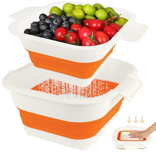 Collapsible Colander Set with Strainer Bowl, 2 in 1 Fruit Washing Basket with Strainer, 5 + 3 QT Plastic Colander for Kitchen, Foldable Double Layered Colanders Bowl for Berry, Vegetable, Orange
