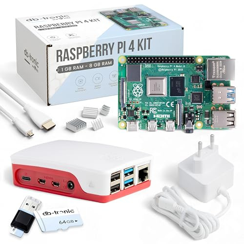 db-tronic Raspberry Pi 4 1GB Starter Set | 64GB Edition | Netzteil 15W | Gehäuse rot/weiß | Kühlkörper Set | 4K Micro HDMI Kabel | Ideal für Smart Home, Retro Gaming & Home Assistant