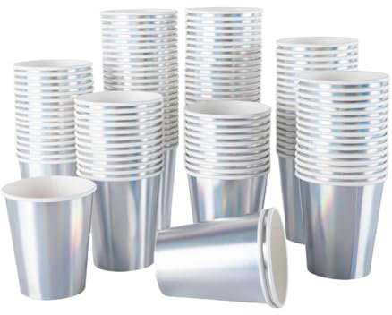 CEILIWEN Lot de 100 gobelets en papier irisé holographique arc-en-ciel – 250 ml – Gobelets de fête argentés métallisés brillants pour boissons chaudes et froides