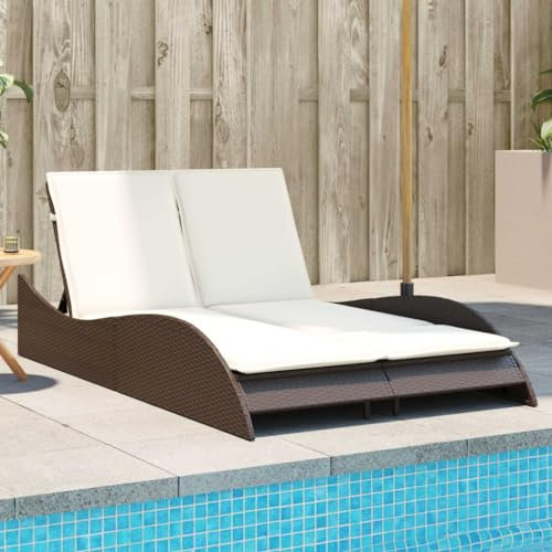 IKAYAA Sonnenliege für 2 Personen 3-Fach Verstellbar Doppelliege Outdoor 2 Personen Sonnenbett Outdoor Bett Polyrattan Liegestuhl Garten Relaxliege mit Auflagen 114 x 205 x 73 cm, Braun