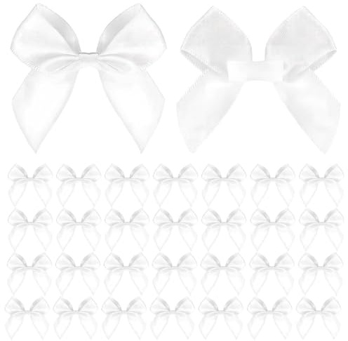 White Satin Ribbon Bows, White Twist Satin Bows with Sticky Pads,30 PCS | Soft Satin Ribbon, Self-Adhesive Backing, Pre-Tied Mini Size, Suitable for Gift Wrapping, Weddings and Christmas Decor