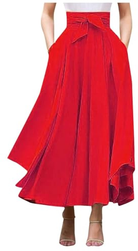 Falda larga elegante de cintura alta para mujer, falda larga informal bohemia con bolsillos, dobladillo asimétrico, falda de maíz, rojo, XL