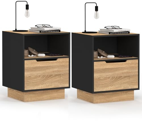 IDMarket - Lot de 2 Tables de Chevet OXANA façon hêtre et Noir | Avec 1 tiroir et 1 niche
