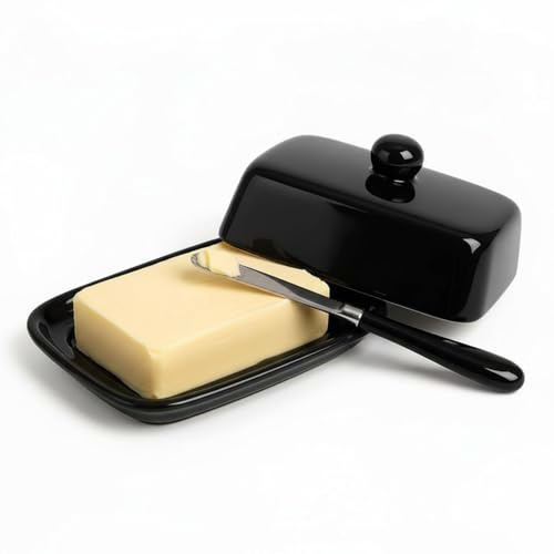 Beurrier en céramique avec couvercle, équipé d'un couteau, d'un beurrier rectangulaire noir et blanc, utilisé pour les comptoirs, la décoration de cuisine et les salles de stockage du beurre.