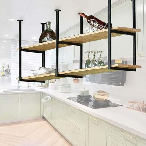 Liyadolaam Overhead Storage Shelf - Ceiling Suspension Kit. Wooden And Metal Iron Floating Hanging Shelves Kitchen Pot Pan Rack Wine Holder Plant Flower Stand(60x30x80cm)