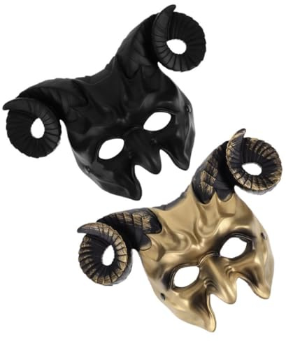 Parliky 2 pièces Masque Halloween Corne de Bélier Demi-visage Démon avec Cornes Réalistes Masque Cosplay Animal pour Hommes et Femmes Accessoire Fête Déguisement Noir et Doré
