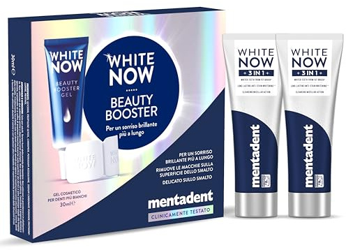 Mentadent WHITE NOW Beauty Booster Kit + 2 confezioni di Dentifricio Mentadent WHITE NOW 3 IN 1 Original, Kit Sbiancante, 96% di Origine Naturale, Rimozione macchie, Efficace e Delicato sullo Smalto