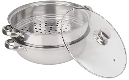 BAOFUYA Olla Vaporera de Acero Inoxidable, 27 Cm, Baño María para Cocinar Conservando los Nutrientes, Tapa de Vidrio, Ideal para Comidas Familiares y Cocción de Verduras Al
