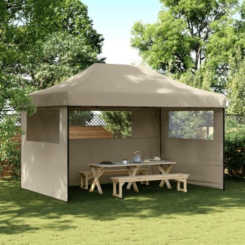 HETFTJN Tente de réception pop-up 440 x 292 x 315 cm taupe avec 3 panneaux latéraux et fenêtres, pavillon de jardin robuste en acier revêtu par pulvérisation, abri pliable pour barbecues et camping