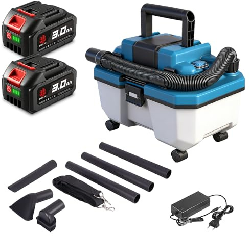 ONEVAN 20 V sladdlös vatten- och dammdammsugare, 300 W borstlös motor, 2-i-1 verkstadsdammsugare 10L, 22 KPa, med 2 x 3,0 Ah batterier, 3 förlängningar och bussar, bärbar industriell dammsugare för