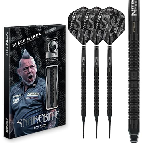 Röd DRAGON Darts – Professionell spelare – Peter Wright 'Snakebite' | Black Mamba-serien 18 g dart | 90 % volfram professionell dartpilar | Mjuk spets parallell dartset | Innehåller dartvingar och