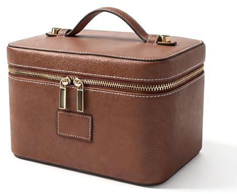 Reise Kosmetiktasche Damen, Lederimitat Kosmetikkoffer Kosmetik Organizer Tasche mit Hartschale, Mehrere Fächer & Praktischem Griff, Stylische Schminktasche (Kaffeebraun)