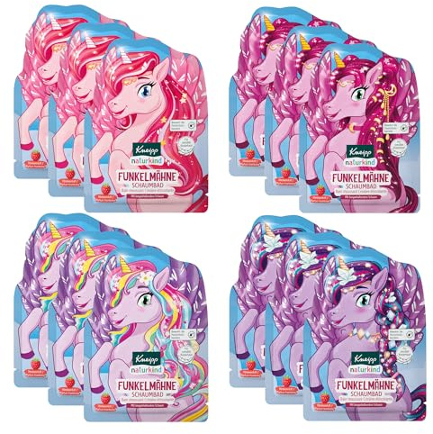 Kneipp Naturkind - Baño de espuma con melena de centelleo para niños, con aroma a frambuesa y aceite de jojoba nutritivo, paquete múltiple, 12 x 40 ml