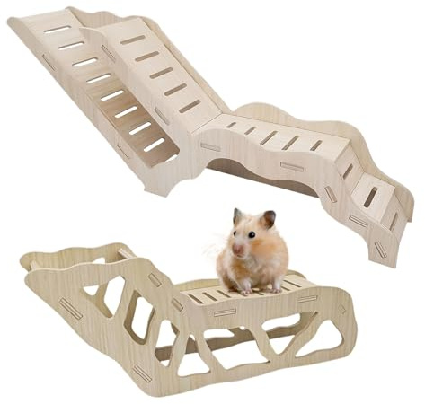 2 Stil Hamstertunnel, Multifunktionales Hamsterversteck, Hamster Zubehör Holz, Hamsterhaus mit Kletterleiter aus Holz, Geeignet für Rennmäuse, Hamster und Kleine Haustiere