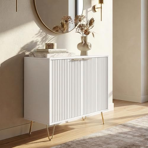 [en.casa] Credenza Bassa Mobile Contenitore a 2 Ante Decorative e Ripiano Comò Multiuso con Scomparti Chiusi per Bagno Cucina Camera da Letto Soggiorno 75 x 80 x 40 cm - Bianco