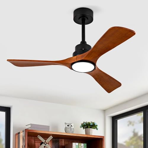 kowdom Ventilador de techo con iluminación de 107 cm, 3 aspas de madera maciza, mando a distancia e interruptor de pared, LED 3 temperaturas de color, Windcalm, motor DC silencioso, nogal oscuro, para