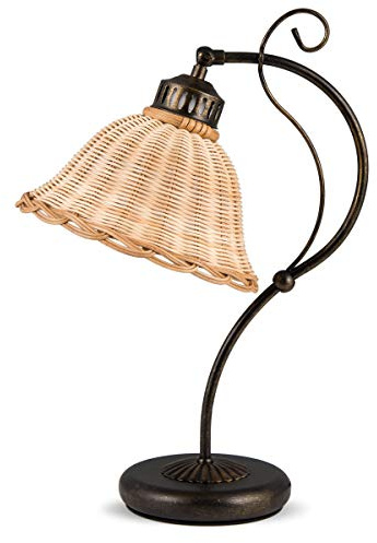 Tischlampe Landhaus braun Rattan-Schirm natur Korblampe Nachttischleuchte | Helios Leuchten 4020713 Tischleuchte antik-braun lackiert handgefertigter Schirm 1 X E27