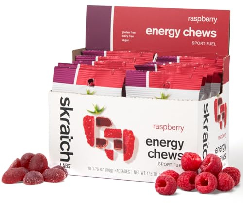 Skratch Labs Energy Chews | Gummies for Running, Cycling & Endurance Quick Carbs for Athletes, Easy to Digest, Real Fruit | Gel Alternative for Runs & Rides | Raspberry 10 Pack | Gluten Free, Vegan
