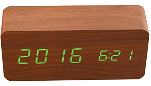 Digitaler Wecker Hölzerner, Leise LED-Anzeige Einstellbare Helligkeit/Sound Control, Tischuhr Indikator Kalender Zeit und Temperatur für Haus und Büro(Braunes Holz + grünes Licht)