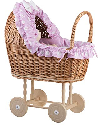 e-wicker24 Alles aus Weide Puppenwagen aus Weide mit Bettwäsche perfekte Geschenkidee Korbpuppenwagen schöner Spielzeug aus Korbgeflecht Korbwagen für Puppen Spielzeug für Mädchen (Pink 3)