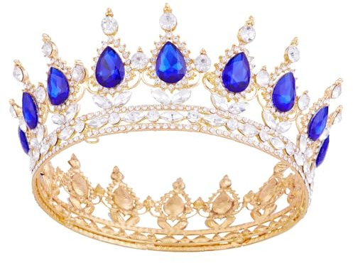 Kronen für Frauen, Vofler Queen Tiara Barock Vintage Gold Stirnband Saphir Blau Kristall Strass Haardekor Für Dame Mädchen Braut Braut Prinzessin Prom Birthday Wedding Pageant Halloween Kostüm Party