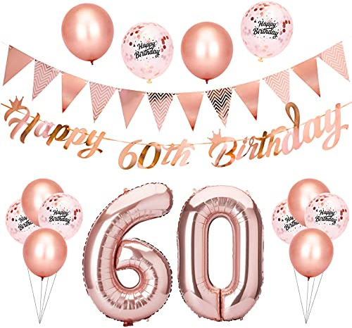 Beainfir 60th Birthday Decorations Set Include Rose Gold Happy 60th Birthday Banner, Triangle Flag Banner,Confetti Latex Balloons and Foil Balloons for Party Decoration Supplies for Girls and Boys