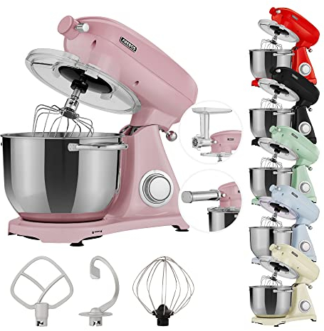Arebos Retro Küchenmaschine 1800W Pink | Knetmaschine mit 6L Edelstahl-Rührschüssel | Geräuscharm | Küchenmixer mit Rührhaken, Knethaken, Schlagbesen und Spritzschutz | 6 Geschwindigkeiten