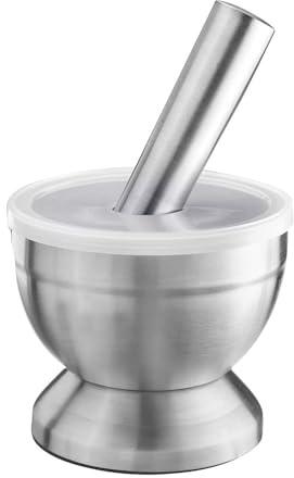 Westmark Mörser mit Deckel, Durchmesser: 10 cm, Gewicht: 0,8 kg, Mit Stößel, Rostfreier Edelstahl/Kunststoff, Edelstahl, Silber/Transparent, 69582260