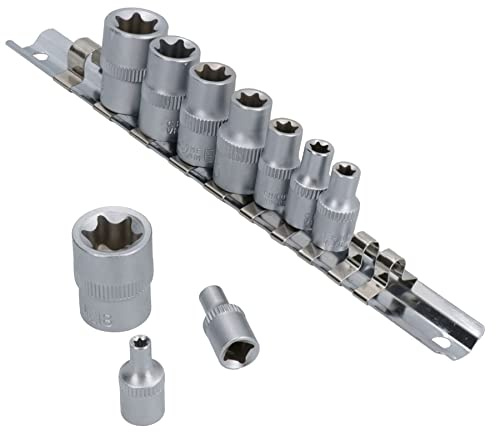 10pc 1/4'' & 3/8'' Drive Female Star Bit Set & Socket Rail - 4-18mm