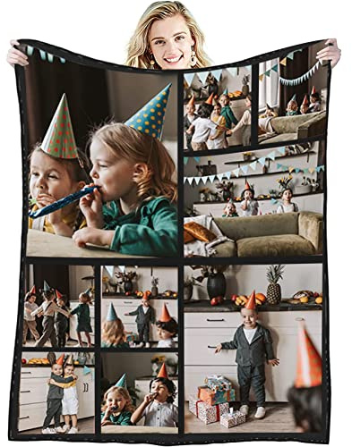 GLIKW Personalisierte Fotodecke mit eigenem Foto Und Text, Super Weich Flanell Collage Kuscheldecke Geschenke für Vater, Mutter, Kinder, Haustiere, Freunde oder Paare(9 Fotostil-1, 130×150cm)