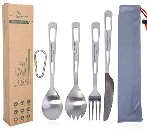 iBasingo Titanium Cutlery Set Camping Dinner Fork Spoon Spork Knife Small Tableware Lightweight Portable Picnic Hiking Outdoor Travel Kitchen Dinnerware Utensils Metal Flatware Set with Hook Ti1052T