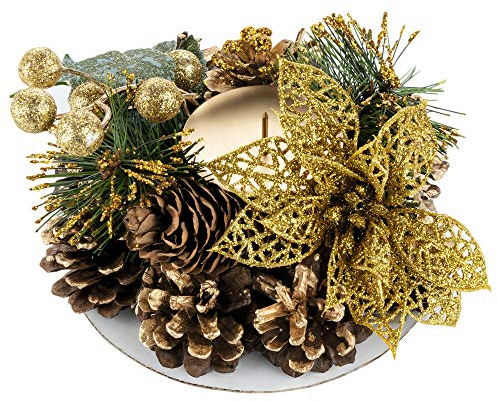 Hengsong Adventsgesteck Künstlich,15cm Weihnachtskranz mit Kerzenhalter,für Weihnachtsdeko Innen,mit Goldenen Durchbrochenen Blumen