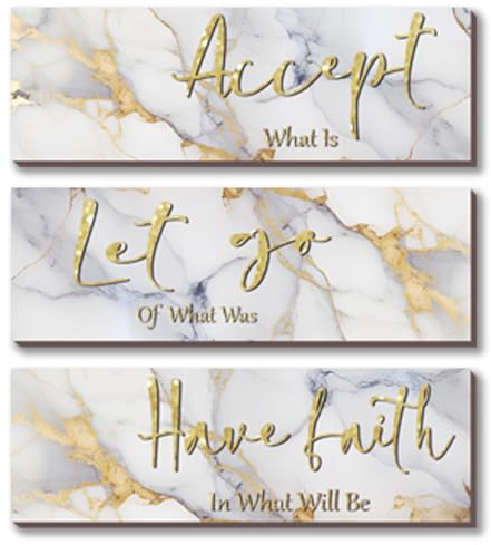 ONIZHITY 3 Pcs White and Gold Bathroom Wall Decor - Accept Let Go Have Faith Marble Style Versatile Accessories for Bedroom Living Room Office (12x4)