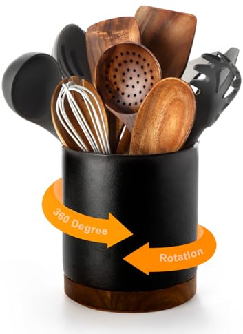 Nucookery 360°Rotating Utensil Holder, 7.2 Large Utensil Crock Countertop, Black Ceramic Cooking Utensil Organizer,Spatula Spoon Holder,Farmhouse Kitchen Decor Christmas Gift (Stone Black)