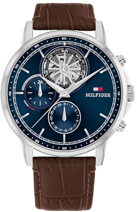 Tommy Hilfiger Montre Analogique Multifunction à Quartz pour Homme avec Bracelet en Cuir Marron Foncé - 1710629