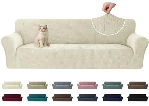 Ystyle Stretch Sofabezug 4 Sitzer, Sofa Überzug Mit Armlehnen, Beige | Elastisch Sofaüberzug, Durable Waschbar Couch bezug, Kratzfester Antirutsch Sofa Cover Für Hunde Katzen Und Haustiere