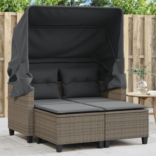 CIADAZ Gartensofa 2-Sitzer mit Dach und Hockern Grau Poly Rattan, Gartenlounge, Terrassenmöbel, Balkonmöbel, Terrassen Sofa, Gartenmöbel - 365783