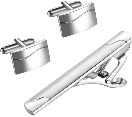 TSWRK Herren Krawattenklammern Manschettenknöpfe Set: Personalisierte Gravur Kupfer Krawattenclip Cufflinks Silber Elegantes Accessoire für das perfekte Outfit