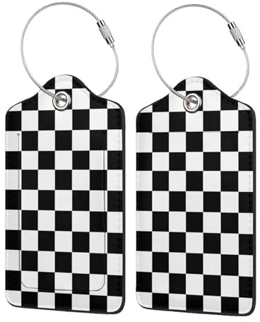 2P Black White Plaid Lines Race Grid Checkered Flag Luggage Tags Privacy Cover ID Label with Stainless Steel Loop and Address Card for Travel Bag Suitcase Funny Cute Man Women Kids