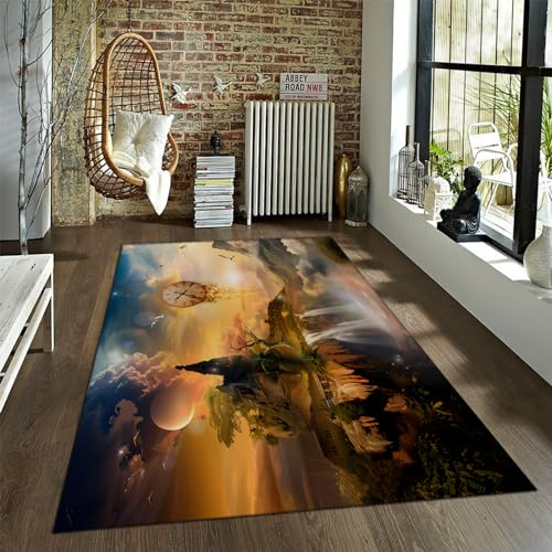 LANDERSION Maschinenwaschbarer Indoor-Teppich Natürliche Szenerie Rutschfester Wohnzimmerteppich Fantasy-Thema Niederflor-Bodenteppich für Schlafzimmer Küche 120x170cm