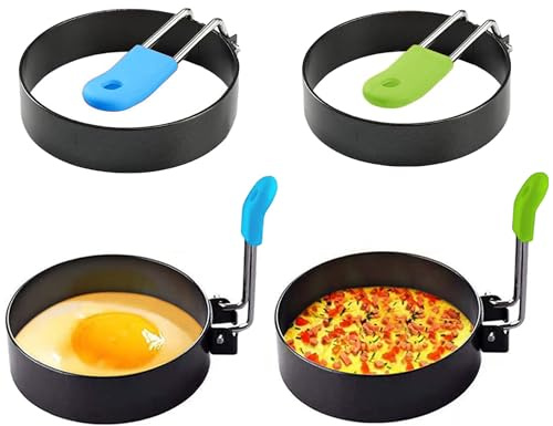 4 Pcs Egg Rings for Frying, Non Stick Coating, Stainless Steel | Anti-Scald Folding Handle, Suitable for Egg Frying, Shaping, Pancakes, Mini Burger