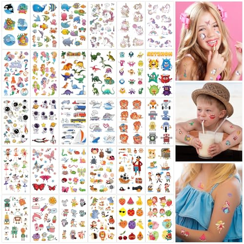 HOWAF Tattoo Kinder, 30 Blätt Hautfreundliche Temporäre Kindertattoos Mädchen Jungen Weltraum Tiere Einhorn Schmetterling Pirat Dino Tattoos für Kinder Mitgebsel Kindergeburtstag Gastgeschenke