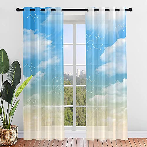 Lukery Vorhänge mit Ösen, Transparent Vorhänge Wohnzimmer 2er Set, Wolken Motiv Halbtransparent Gardinen Vorhänge Durchsichtig für Fenster Küche Wohnzimmer Landhaus (55x95cm,Blau Gelb)