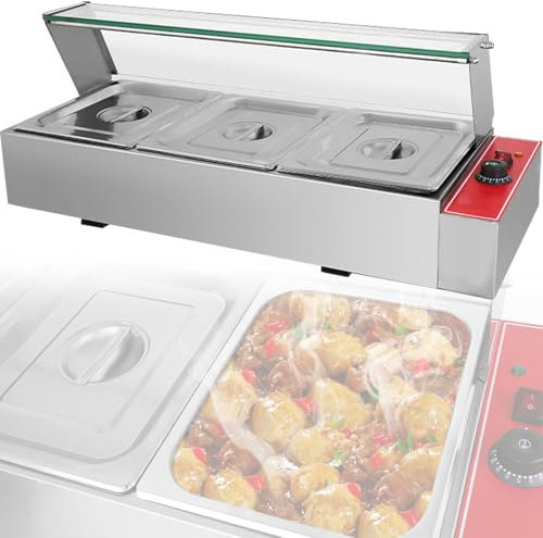 vanenferse 1500W Electric Food Warmer Stainless Steel Steam Table Temperature Control with Covers, Countertop Buffet Warmer Food Server 3 Tray Hot Plate for Catering Restaurants