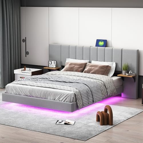 Azkoeesy Polsterbett mit LED-Beleuchtung, Doppelbett mit vergrößertem Kopfteil und Lattenrost, USB-Ladeanschluss, Seitenablagen, Leinenbezug (Grau, 160 x 200)
