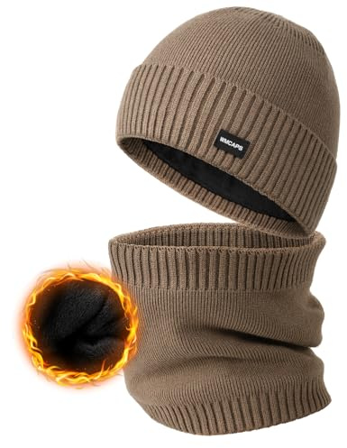 Wmcaps Thermo Wintermütze und Schal Set für Herren, weiches Plüsch-Futter | Weiches Innenfutter. Warmes Kälte-Set (Beanie & Loop). Kuschelig, mit Umschlag. Ideal für Outdoor, Sport, Arbeit & Geschenk.