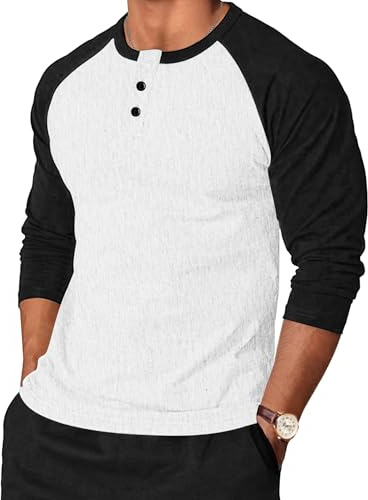 TARAINYA Henley Shirt Herren Langarmshirt Baumwolle Longsleeve Männer mit Knopfleiste Patchwork Weiß Schwarz XL